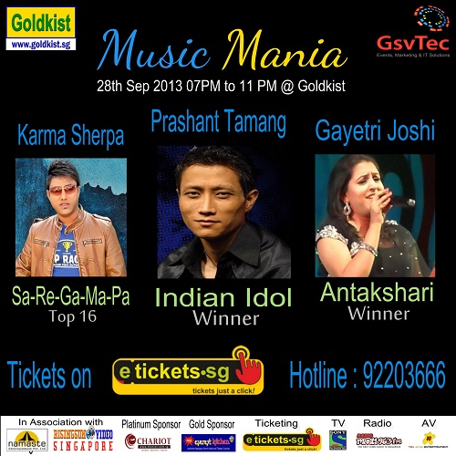 Music Mania 2013 on 28 Sep 2013 with Indian idol Prashant Tamang live in singapore, Karma Sherpa & Gayetri Joshi